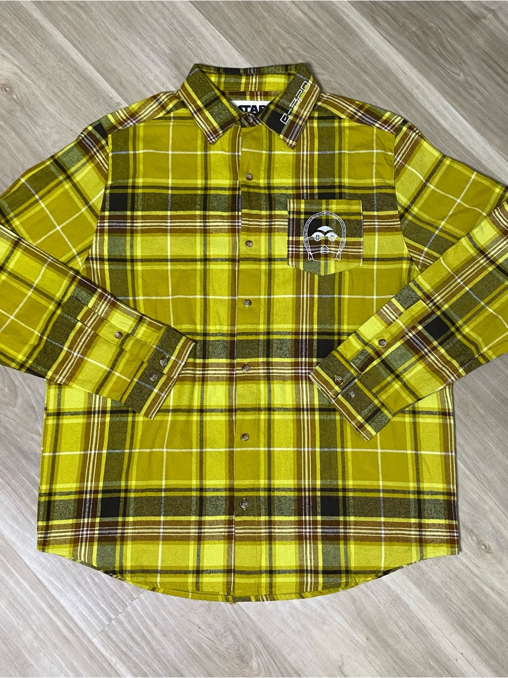 Star Wars CakeWorthy Flannel Shirt Mens Large C-3PO Yellow Plaid